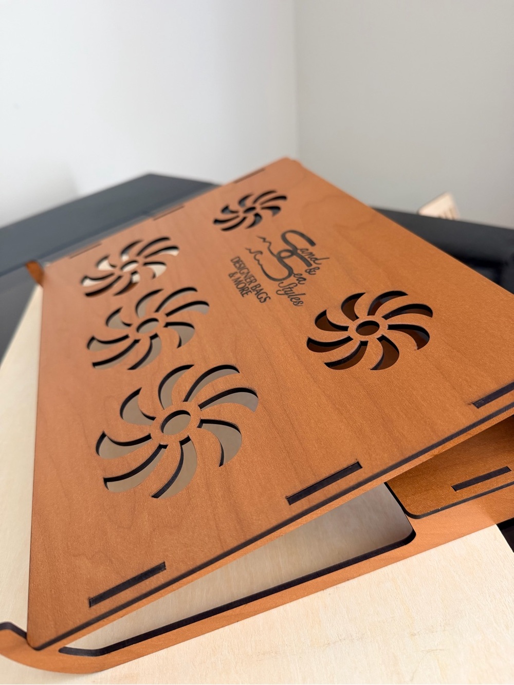 Hand crafted by me wood laptop stand customizable laptop size shown 14”x9”
